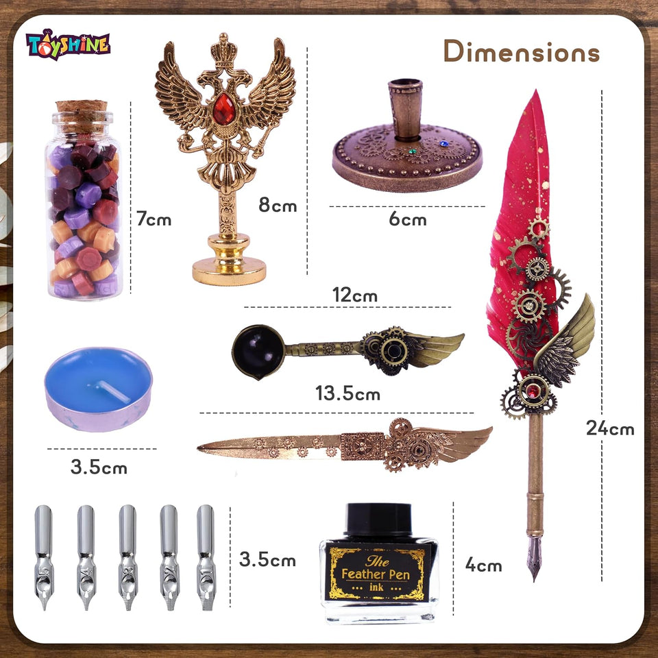 Toyshine Sprinkled Gold Feather Quill Calligraphy Pen with Dip Business Fire Paint ink and Wax Seal Stamp Set for Student Birthday Party Stationery Gift Box - Multicolor