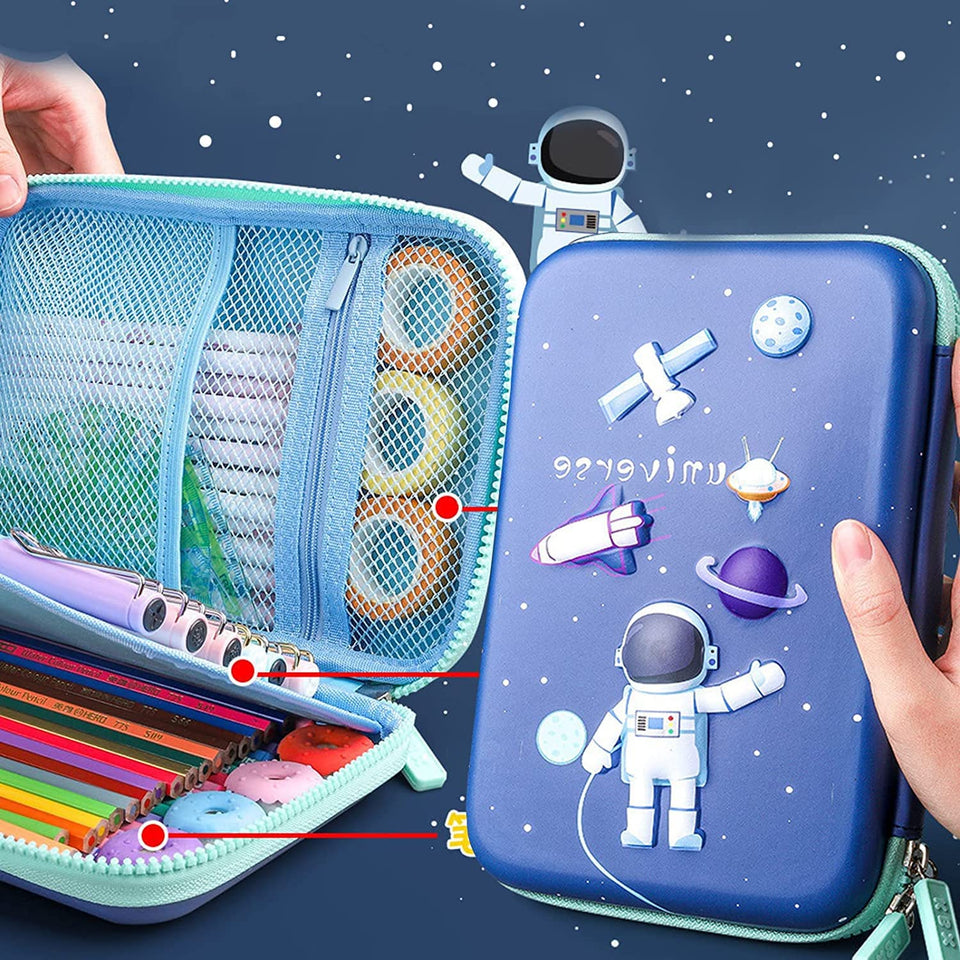 Toyshine Astronaut Space Theme 3D EVA Hardtop Pencil Case with Compartments - Kids Large Capacity School Supply Organizer Students Stationery Box - Girls Boys Pen Pouch, Blue