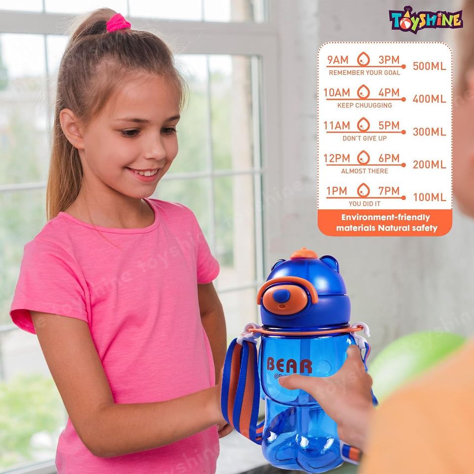 Toyshine 800ml Teddy Theme Anti-Leak BPA Free Spill Proof Cap Closure Kids Water Bottle with Straw And Strap for School Home and outdoor use - Blue
