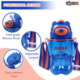 Toyshine 800ml Teddy Theme Anti-Leak BPA Free Spill Proof Cap Closure Kids Water Bottle with Straw And Strap for School Home and outdoor use - Blue