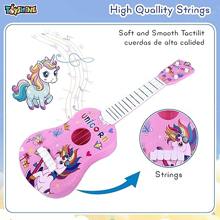 Toyshine 21" Unicorn Theme 4 String Guitar Easy-to-Hold Thin Frets Low String Musical Instrument Learning Educational Toy Gift for Toddlers Kids