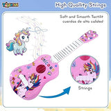 Toyshine 21" Unicorn Theme 4 String Guitar Easy-to-Hold Thin Frets Low String Musical Instrument Learning Educational Toy Gift for Toddlers Kids