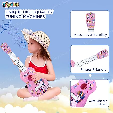 Toyshine 21" Unicorn Theme 4 String Guitar Easy-to-Hold Thin Frets Low String Musical Instrument Learning Educational Toy Gift for Toddlers Kids