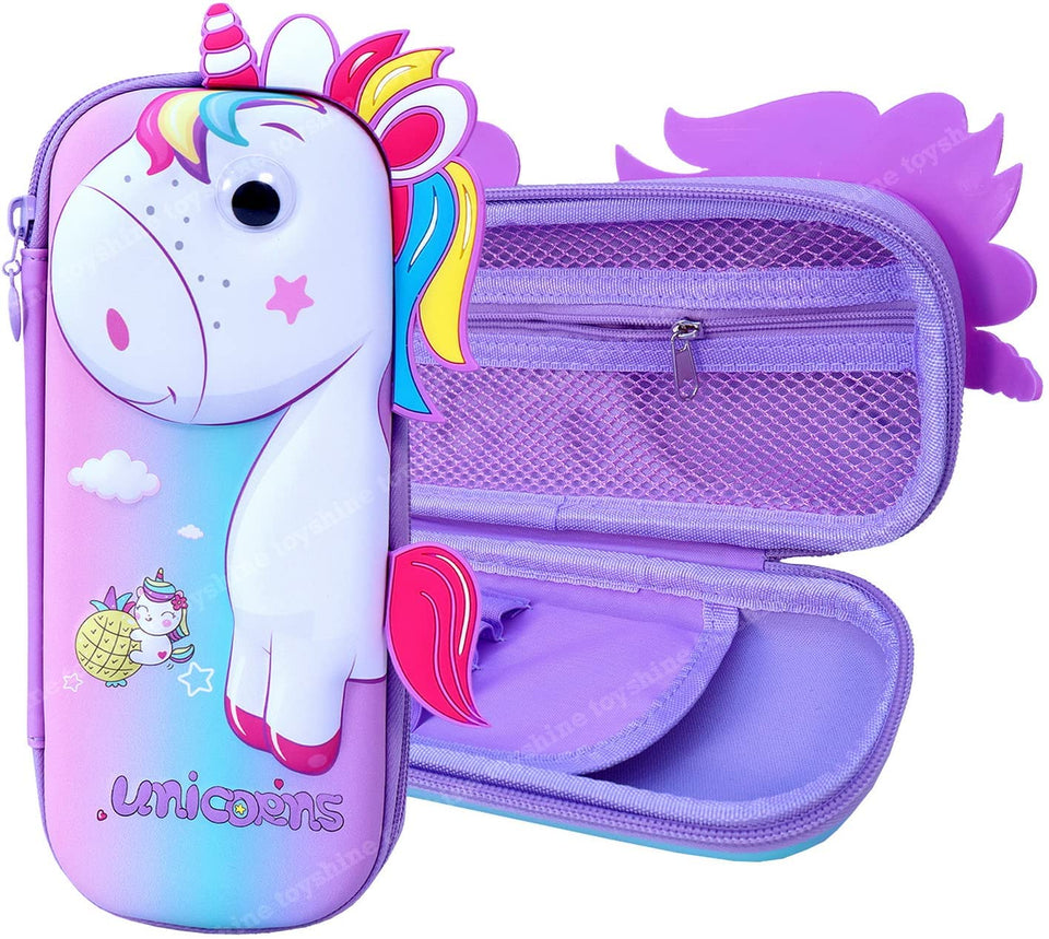 Toyshine Set of 2 Unicorn Hardtop Pencil Case with Tritan Grip Bottle - Kids Large Capacity School Supply Organizer Students Stationery - Girls Pen Pouch Pink Purple