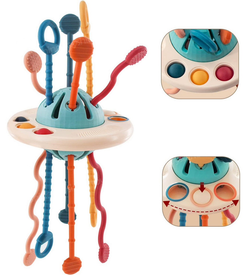 Toyshine Baby Ellie Sensory Montessori Food Grade Silicone Pull String Activity Toy for Teething Play Adventure Travel-Friendly Perfect for 6+ Months - UFO