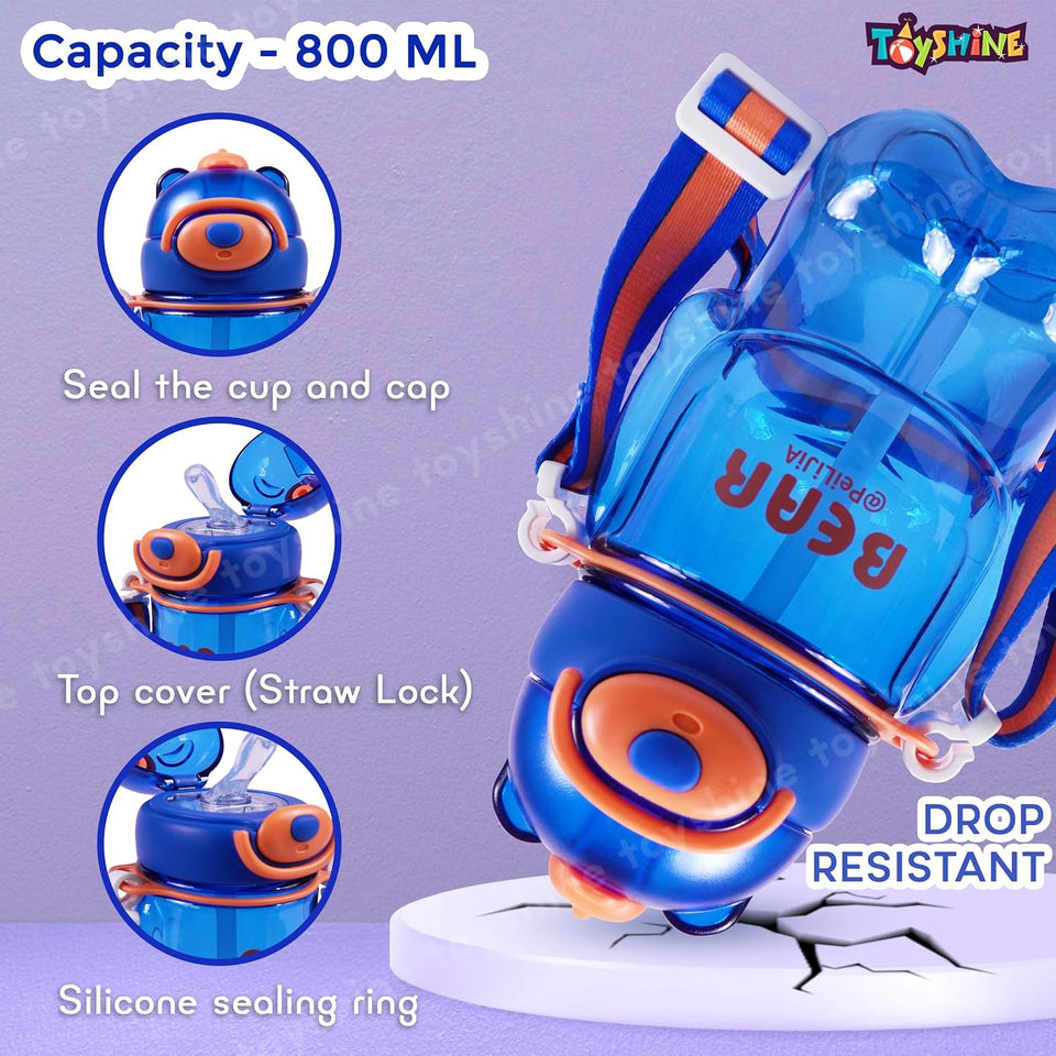 Toyshine 800ml Teddy Theme Anti-Leak BPA Free Spill Proof Cap Closure Kids Water Bottle with Straw And Strap for School Home and outdoor use - Blue