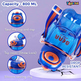 Toyshine 800ml Teddy Theme Anti-Leak BPA Free Spill Proof Cap Closure Kids Water Bottle with Straw And Strap for School Home and outdoor use - Blue