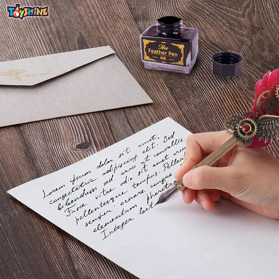 Toyshine Sprinkled Gold Feather Quill Calligraphy Pen with Dip Business Fire Paint ink and Wax Seal Stamp Set for Student Birthday Party Stationery Gift Box - Multicolor