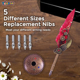 Toyshine Sprinkled Gold Feather Quill Calligraphy Pen with Dip Business Fire Paint ink and Wax Seal Stamp Set for Student Birthday Party Stationery Gift Box - Multicolor