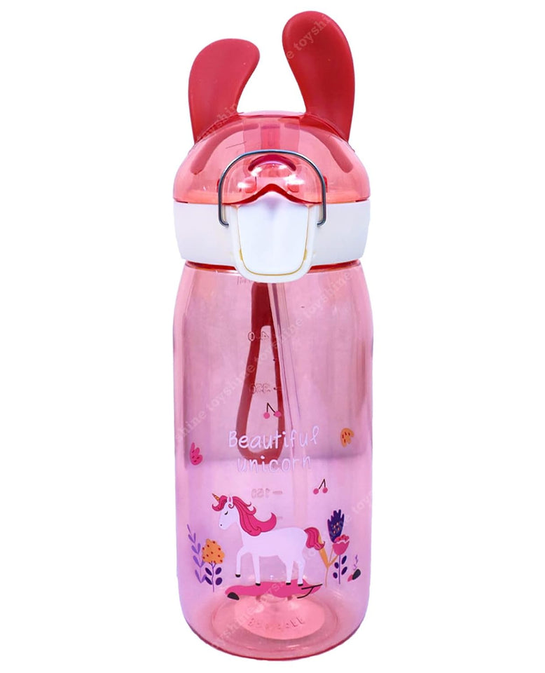 Toyshine Spill Proof Bunny Kids Water Bottle With Straw for Kids|Featuring Soft Silicone Handle Grip-550 ML - PINK