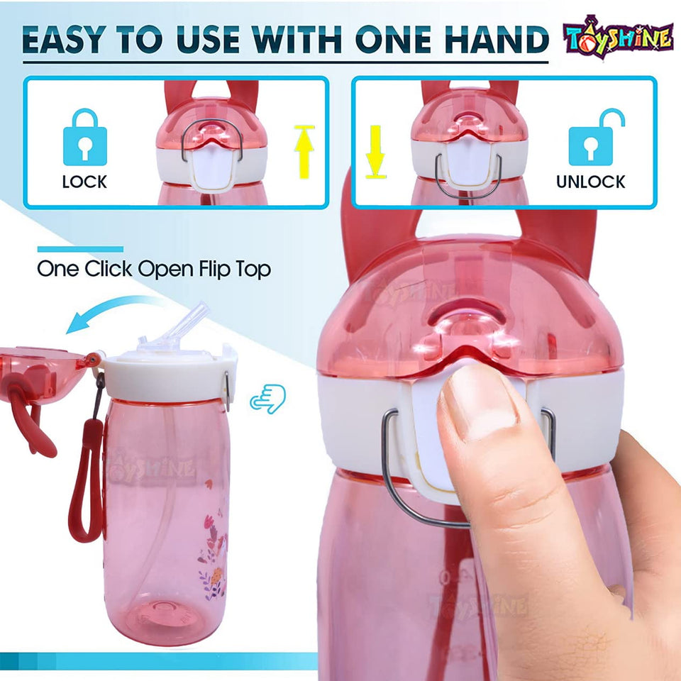 Toyshine Spill Proof Bunny Kids Water Bottle With Straw for Kids|Featuring Soft Silicone Handle Grip-550 ML - PINK