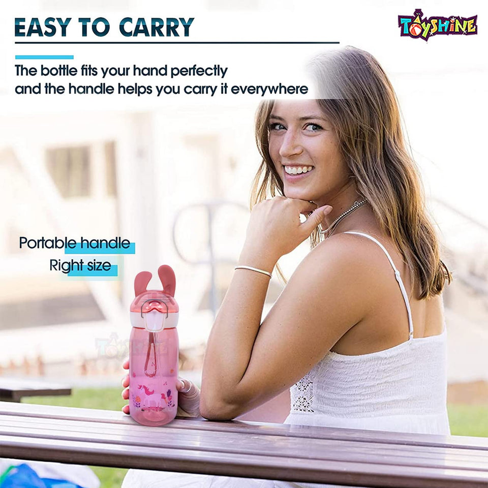 Toyshine Spill Proof Bunny Kids Water Bottle With Straw for Kids|Featuring Soft Silicone Handle Grip-550 ML - PINK