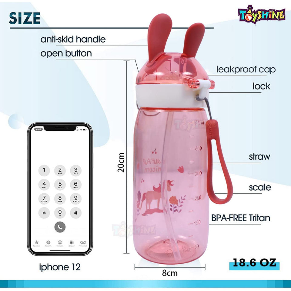 Toyshine Spill Proof Bunny Kids Water Bottle With Straw for Kids|Featuring Soft Silicone Handle Grip-550 ML - PINK