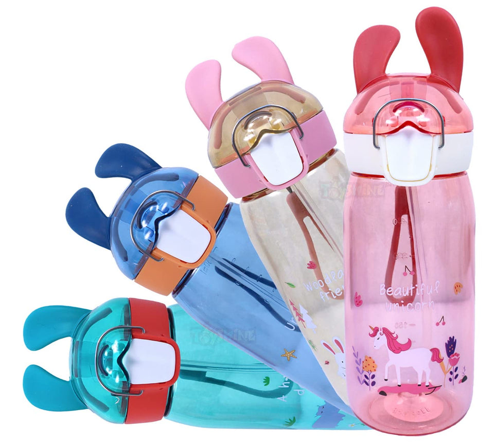 Toyshine Spill Proof Bunny Kids Water Bottle With Straw for Kids|Featuring Soft Silicone Handle Grip-550 ML - PINK