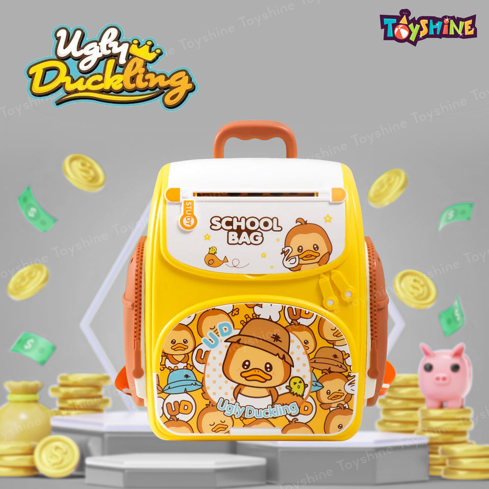 Toyshine School Bag Design Musical Finger Print Sensor Money Safe Piggy Bank ATM for Kids with Password Operation | Money Saving Box Birthday Gift for Boys Girls 3+, Yellow