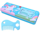 Toyshine Unicorn Metal Pencil Box with Comb|Double Compartment||Girls Boys - Blue