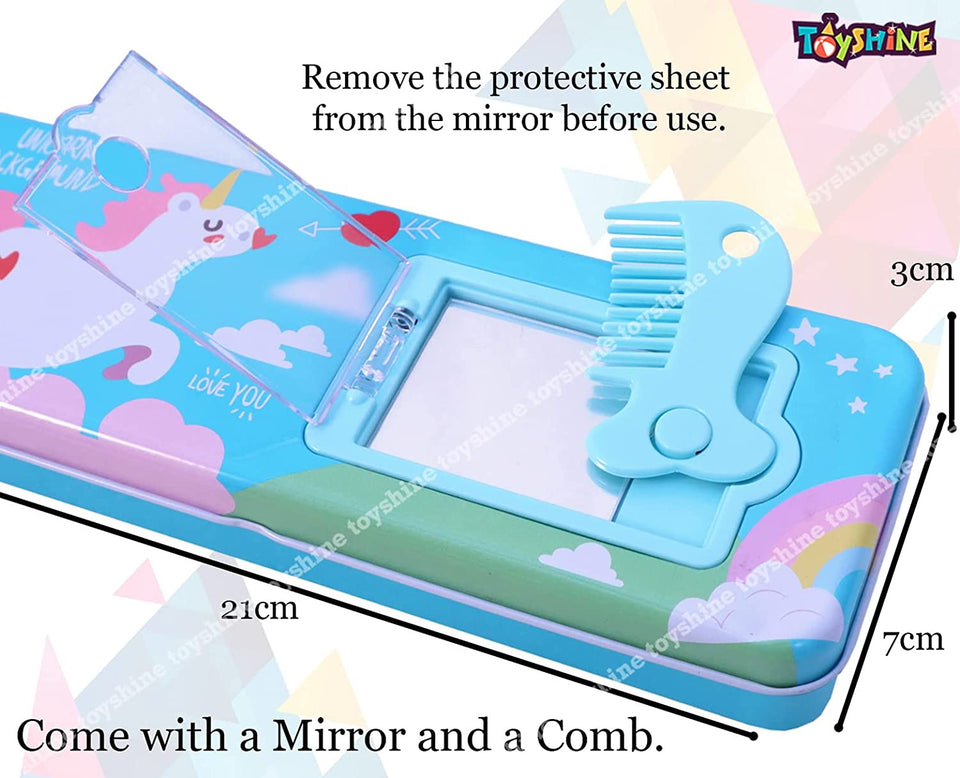 Toyshine Unicorn Metal Pencil Box with Comb|Double Compartment||Girls Boys - Blue