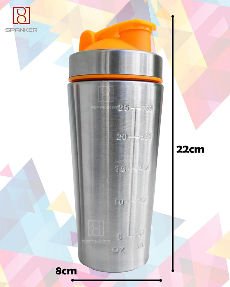 Spanker Stainless Steel Insulated Protein Mixing Shaker Bottle Cum Water Bottle,25 Oz (Steel Orange) SSTP
