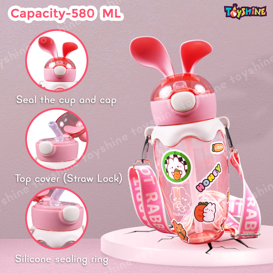 Toyshine 580ml Bunny Design Anti-Leak BPA-Free Spill Proof Cap Closure Kids Water Bottle with Straw And Strap for School Home and outdoor use - Pink