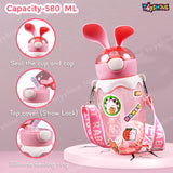 Toyshine 580ml Bunny Design Anti-Leak BPA-Free Spill Proof Cap Closure Kids Water Bottle with Straw And Strap for School Home and outdoor use - Pink
