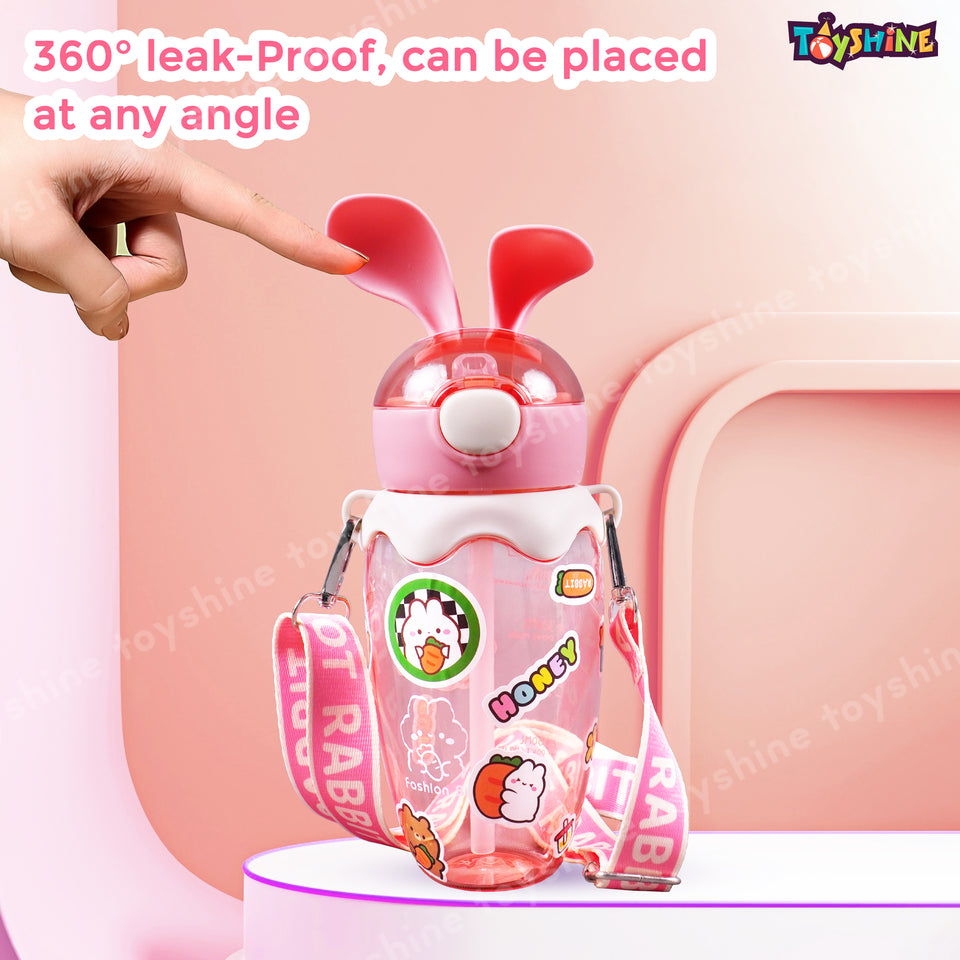 Toyshine 580ml Bunny Design Anti-Leak BPA-Free Spill Proof Cap Closure Kids Water Bottle with Straw And Strap for School Home and outdoor use - Pink