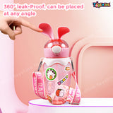 Toyshine 580ml Bunny Design Anti-Leak BPA-Free Spill Proof Cap Closure Kids Water Bottle with Straw And Strap for School Home and outdoor use - Pink