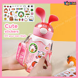 Toyshine 580ml Bunny Design Anti-Leak BPA-Free Spill Proof Cap Closure Kids Water Bottle with Straw And Strap for School Home and outdoor use - Pink