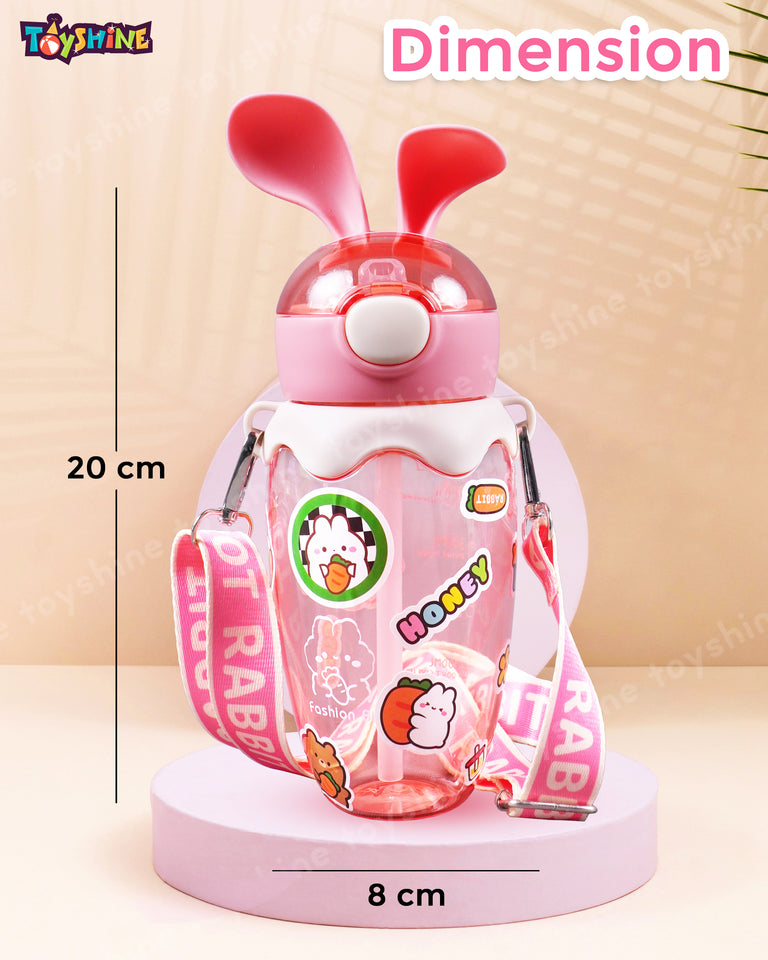 Toyshine 580ml Bunny Design Anti-Leak BPA-Free Spill Proof Cap Closure Kids Water Bottle with Straw And Strap for School Home and outdoor use - Pink