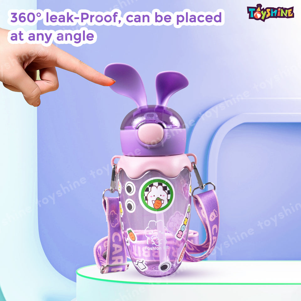 Toyshine 580ml Bunny Design Anti-Leak BPA-Free Spill Proof Cap Closure Kids Water Bottle with Straw And Strap for School Home and outdoor use - Purple