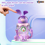 Toyshine 580ml Bunny Design Anti-Leak BPA-Free Spill Proof Cap Closure Kids Water Bottle with Straw And Strap for School Home and outdoor use - Purple