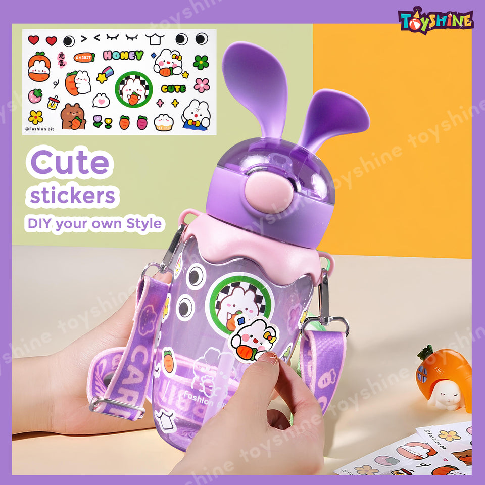 Toyshine 580ml Bunny Design Anti-Leak BPA-Free Spill Proof Cap Closure Kids Water Bottle with Straw And Strap for School Home and outdoor use - Purple