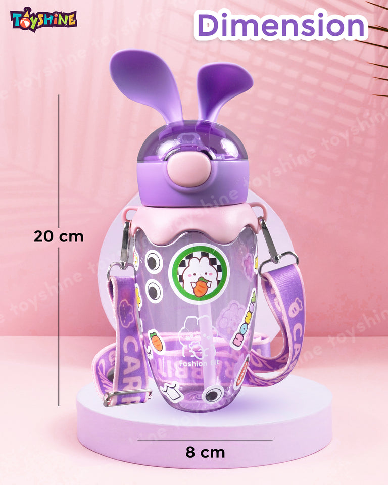 Toyshine 580ml Bunny Design Anti-Leak BPA-Free Spill Proof Cap Closure Kids Water Bottle with Straw And Strap for School Home and outdoor use - Purple