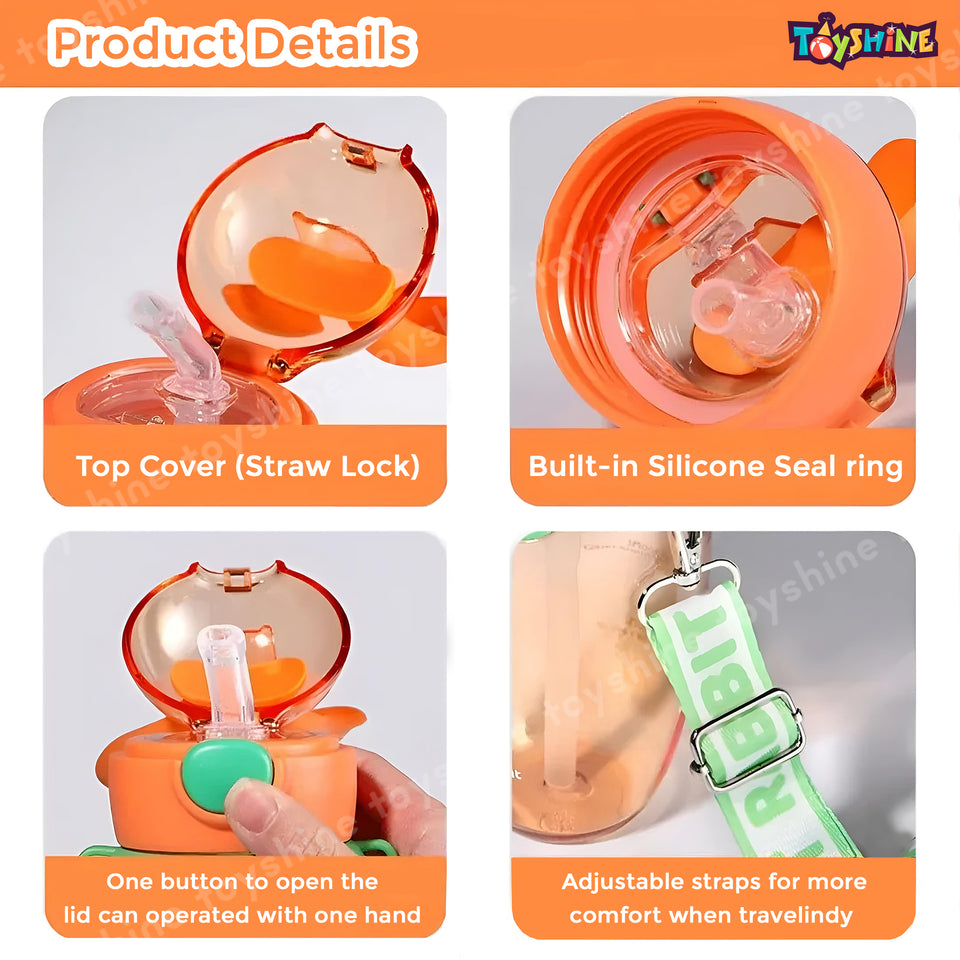 Toyshine 580ml Bunny Design Anti-Leak BPA-Free Spill Proof Cap Closure Kids Water Bottle with Straw And Strap for School Home and outdoor use - Purple