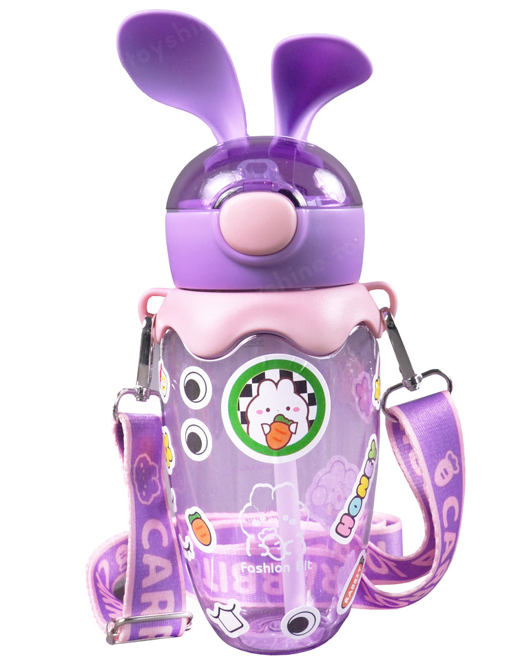 Toyshine 580ml Bunny Design Anti-Leak BPA-Free Spill Proof Cap Closure Kids Water Bottle with Straw And Strap for School Home and outdoor use - Purple