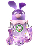 Toyshine 580ml Bunny Design Anti-Leak BPA-Free Spill Proof Cap Closure Kids Water Bottle with Straw And Strap for School Home and outdoor use - Purple