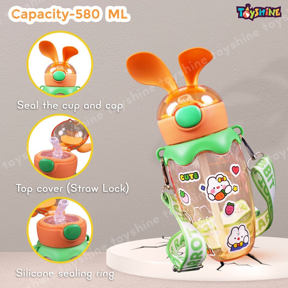 Toyshine 580ml Bunny Design Anti-Leak BPA-Free Spill Proof Cap Closure Kids Water Bottle with Straw And Strap for School Home and outdoor use - Orange
