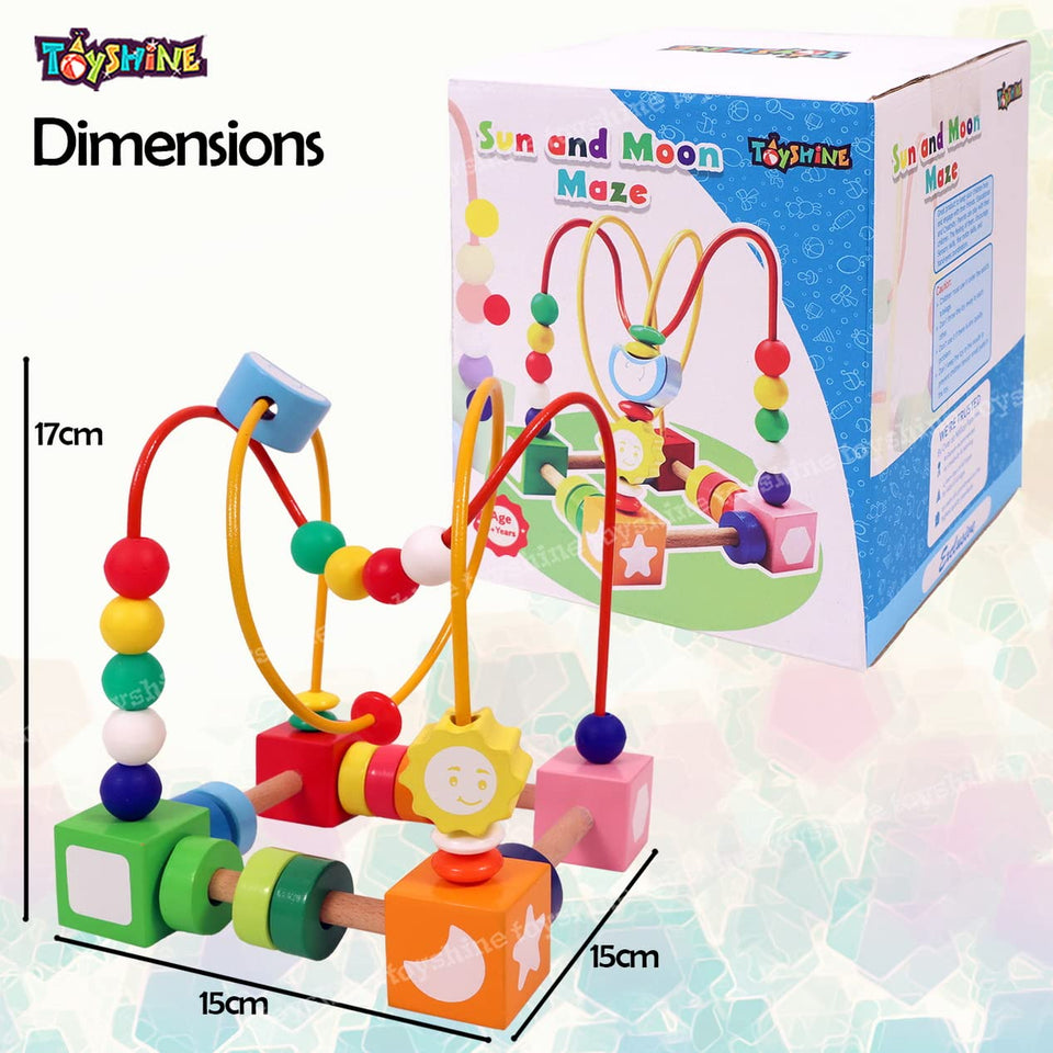 Toyshine sun and moon wooden shape, obejects, color recognition rolling bead maze labyrinth toy (Multi color)