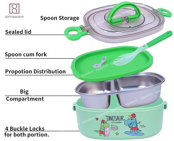 Spanker Dinosaur Lunch Box Thermal Stainless Steel 1000 ML Insulation Brunch Munch Box Tableware Set Portable Lunch Containers for Kid Adult Student Children Keep Food - Green B