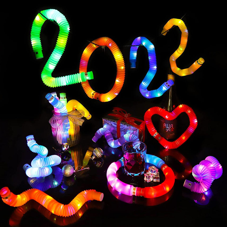 Toyshine LED Flashing Pop Tube Fidget 6 Pcs Toy Fun Pull and Pop Tubes Sensory Tubes for Kids Adults Stretch and Bend ADHD Autism Anxiety Stress Relief Toys Great Gift Party Prizes