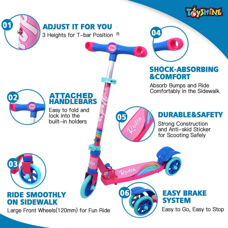 Toyshine Rodeo Runner Scooter for Kids with Protective Gears, Anti Slip ABS Base and Aluminium Structure Ride-on, Height Adjustable, 3 Wheel Rider for Boys and Girls Ages 3+, Pink