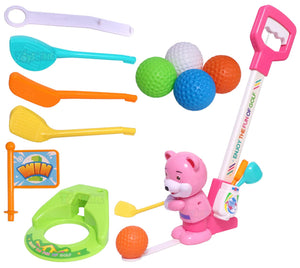 Toyshine Kids Baby Golf Toy Game Sports Set, Bear Golf Set with 3 Sticks, 4 Balls, Flag and Cup, Fun Game for Kids, Relaxing Game- Pink