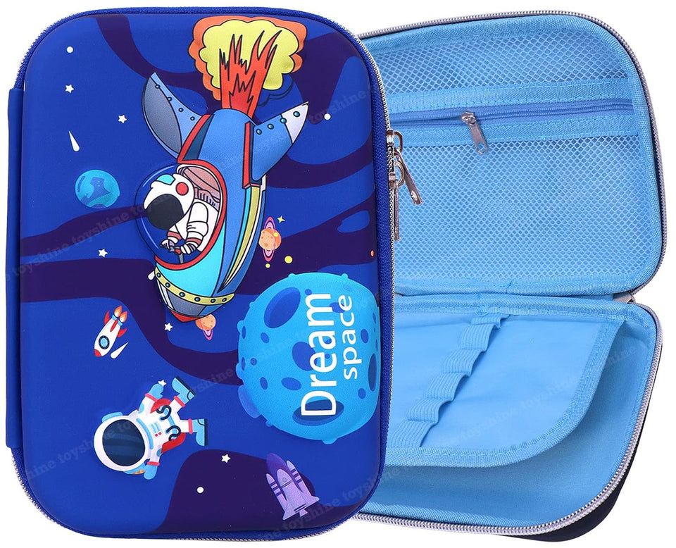 Toyshine Space Theme Hardtop Pencil Case with Compartments - Kids Large Capacity School Supply Organizer Students Stationery Box - Girls Pen Pouch- Dark Blue - M2