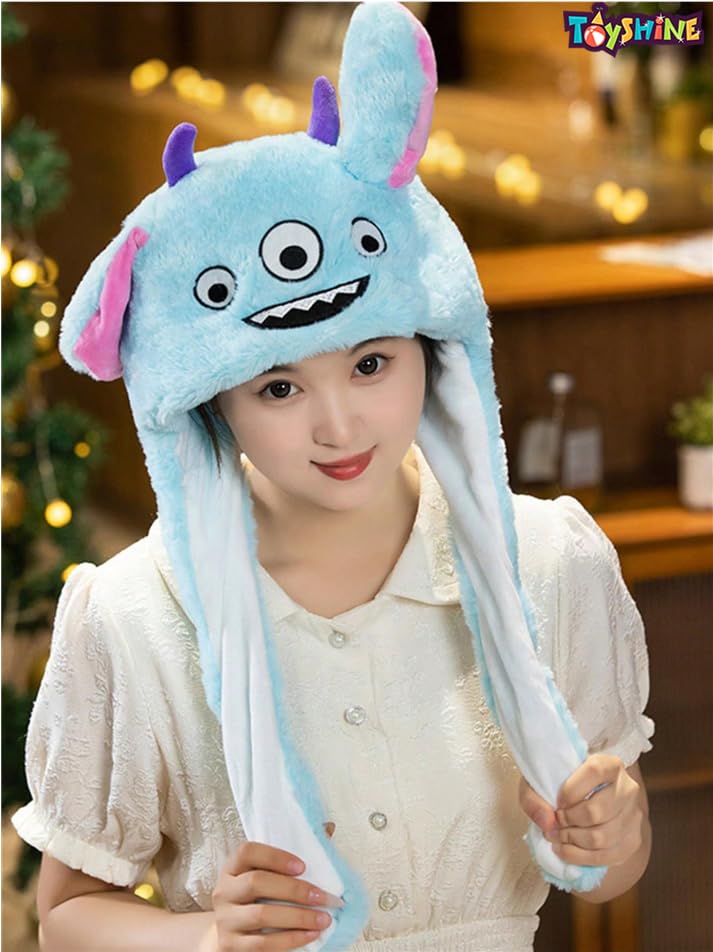 Toyshine LED Glowing Plush Monster Hat Funny Glowing and Ear Moving Bunny Hat Cap for Women Girls Blue