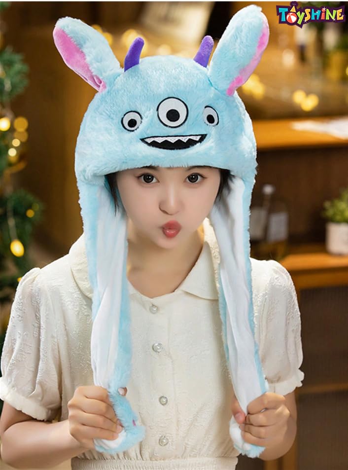 Toyshine LED Glowing Plush Monster Hat Funny Glowing and Ear Moving Bunny Hat Cap for Women Girls Blue