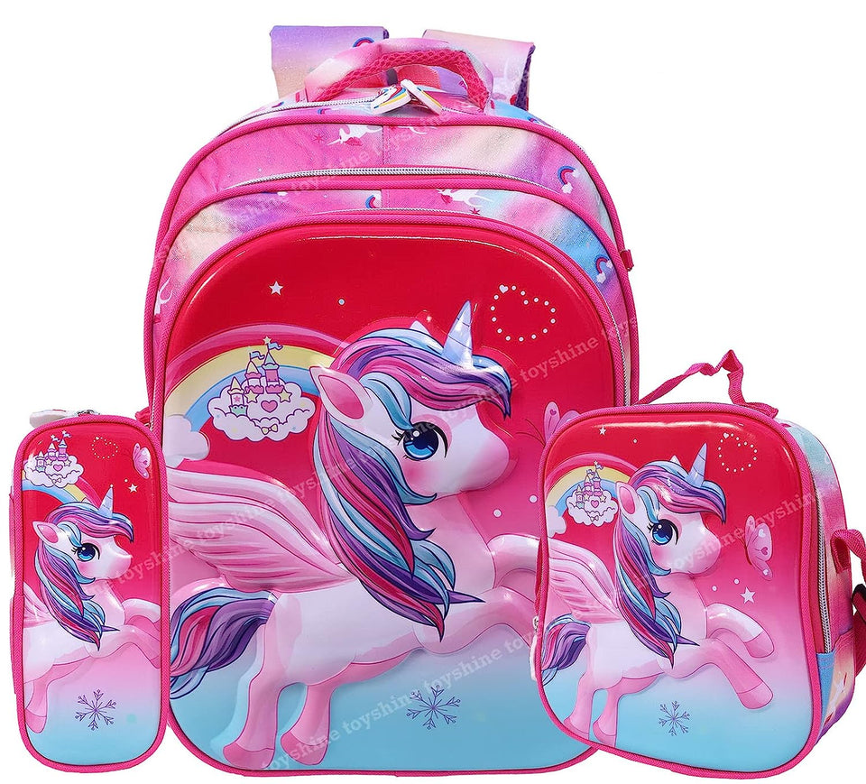 Toyshine Kids 20 inches Unicorn Backpack with Pencil Case and Lunch Box for Girls- Multicolour