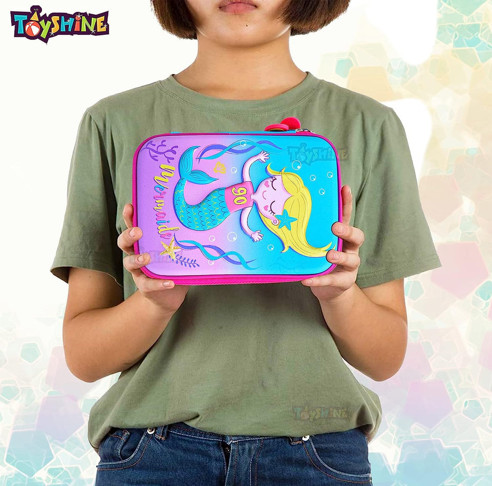 Toyshine Mermaid Hardtop Pencil Case with Compartments - Kids Large Capacity School Supply Organizer Students Stationery Box - Girls Pen Pouch- Multi-Color