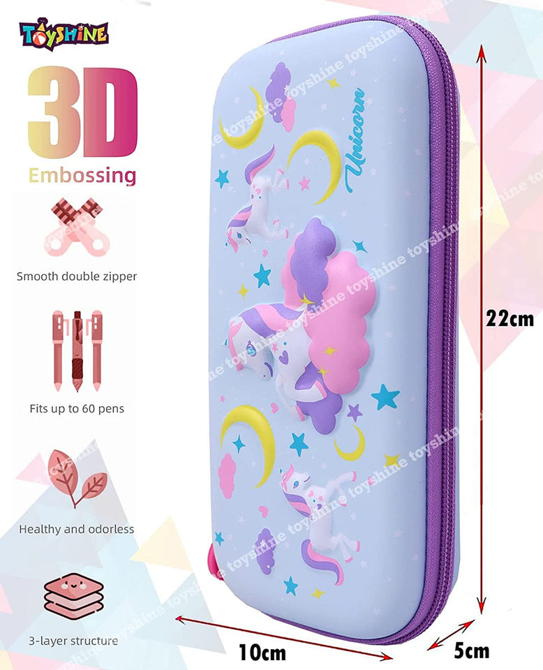 Toyshine Daisy Unicorn Hardtop Pencil Case with Multiple Compartments - Kids School Supply Organizer Students Stationery Box - Girls Pen Pouch - Blue