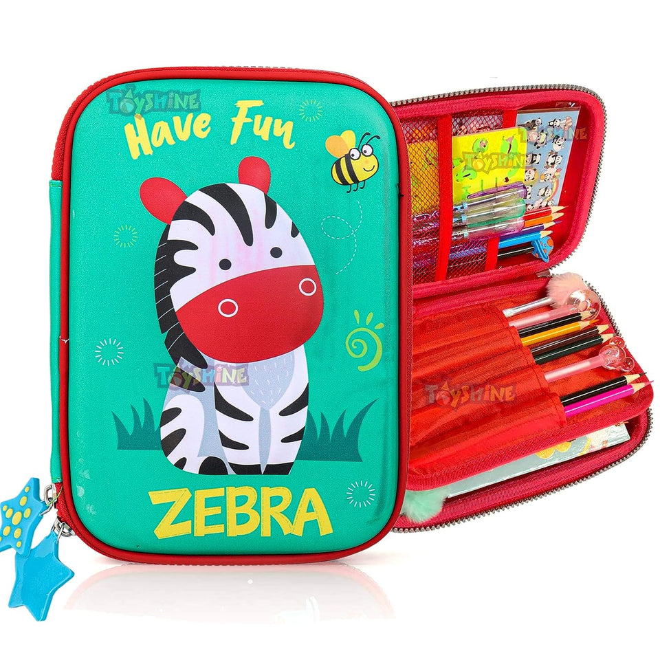 Toyshine Zebra Hardtop Pencil Case with Compartments - Kids Large Capacity School Supply Organizer Students Stationery Box - Girls Boys Pen Pouch