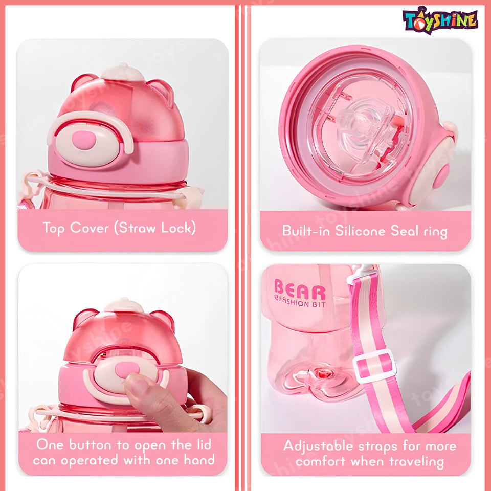 Toyshine 800ml Teddy Theme Anti-Leak BPA-Free Spill Proof Cap Closure Kids Water Bottle with Straw And Strap for School Home and outdoor use - Pink