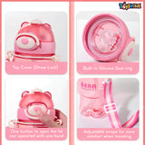 Toyshine 800ml Teddy Theme Anti-Leak BPA-Free Spill Proof Cap Closure Kids Water Bottle with Straw And Strap for School Home and outdoor use - Pink